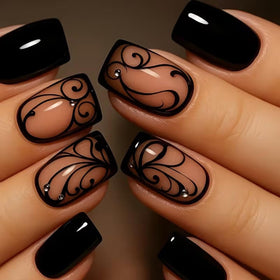 juggssa Black Press on Nails 24PCS acrylic set front view