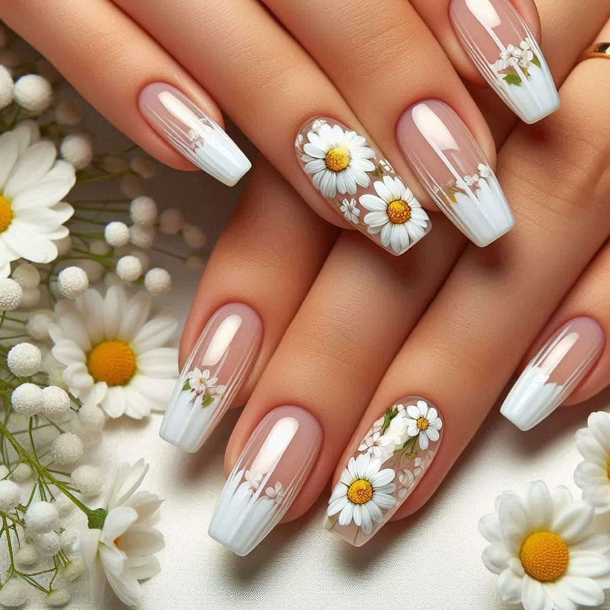 juggssa Flower Press on Nails 24PCS front view with daisy designs