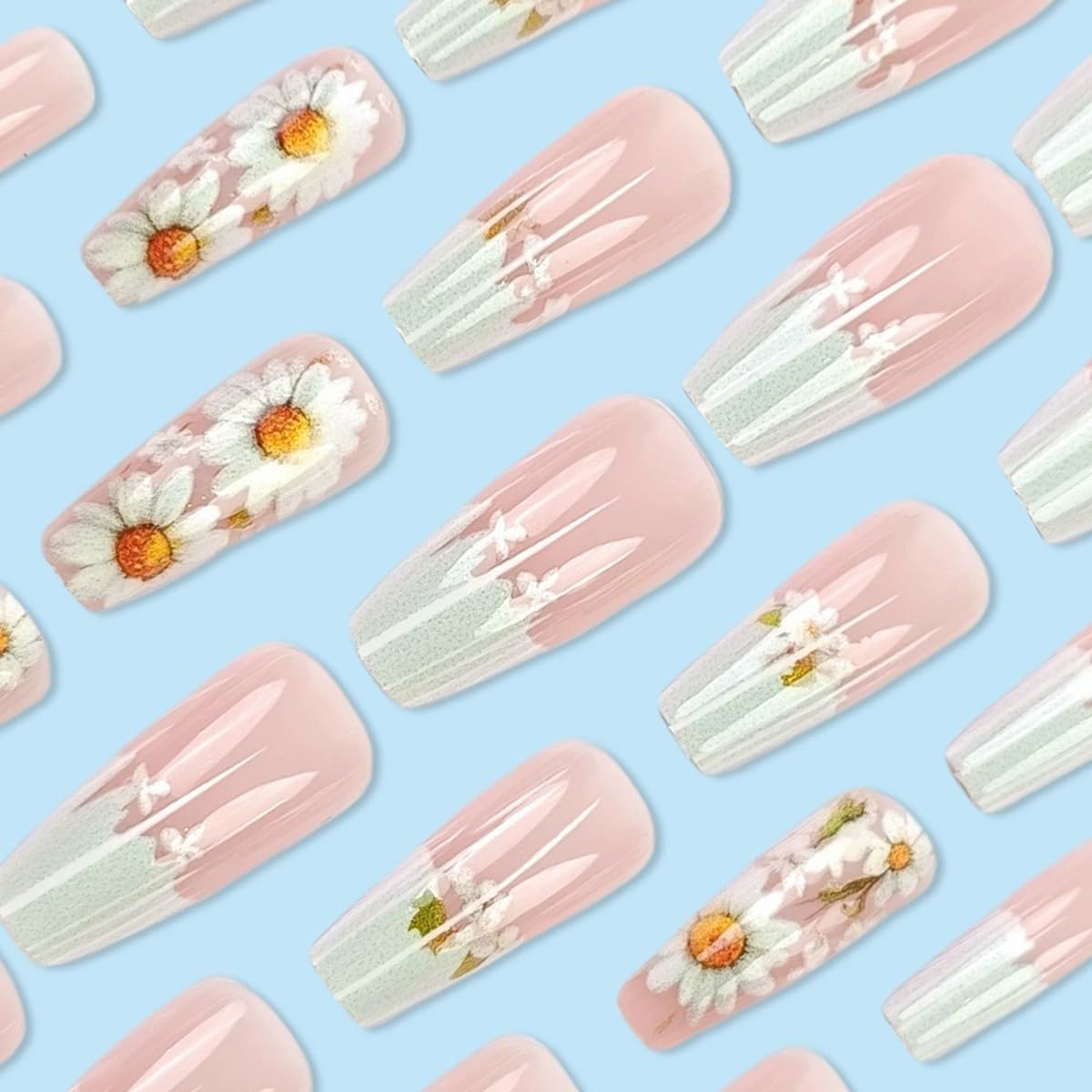 juggssa Flower Press on Nails close-up showing white French tips