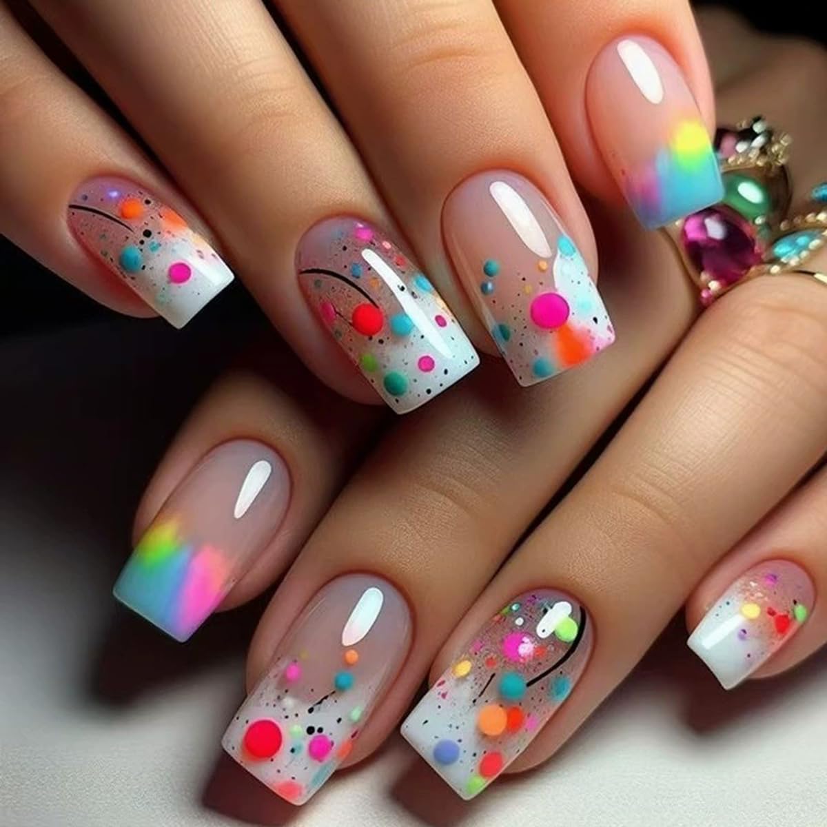 juggssa Medium Press on Nails 24PCS with rainbow dot designs front view