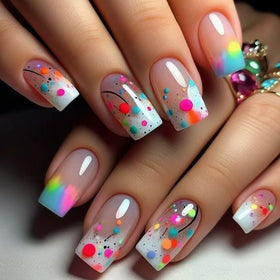 juggssa Medium Press on Nails 24PCS with rainbow dot designs front view