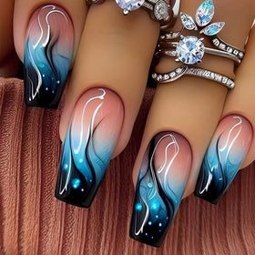 juggssa Press on Nails glossy blue ombre flame front view
