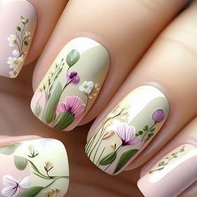 juggssa Press On Nails glossy pink floral design front view