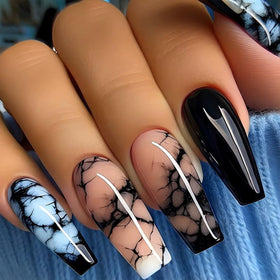 juggssa Press On Nails set with 24 black blue marble nails and accessories