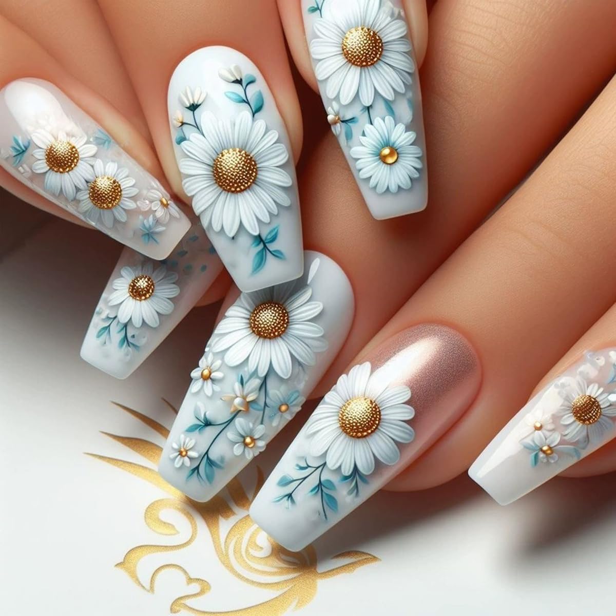juggssa Spring Flower Press on Nails 24PCS front view with daisy designs