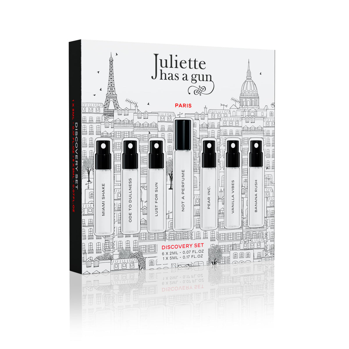 Juliette Has A Gun Discovery Box front view with fragrance bottles