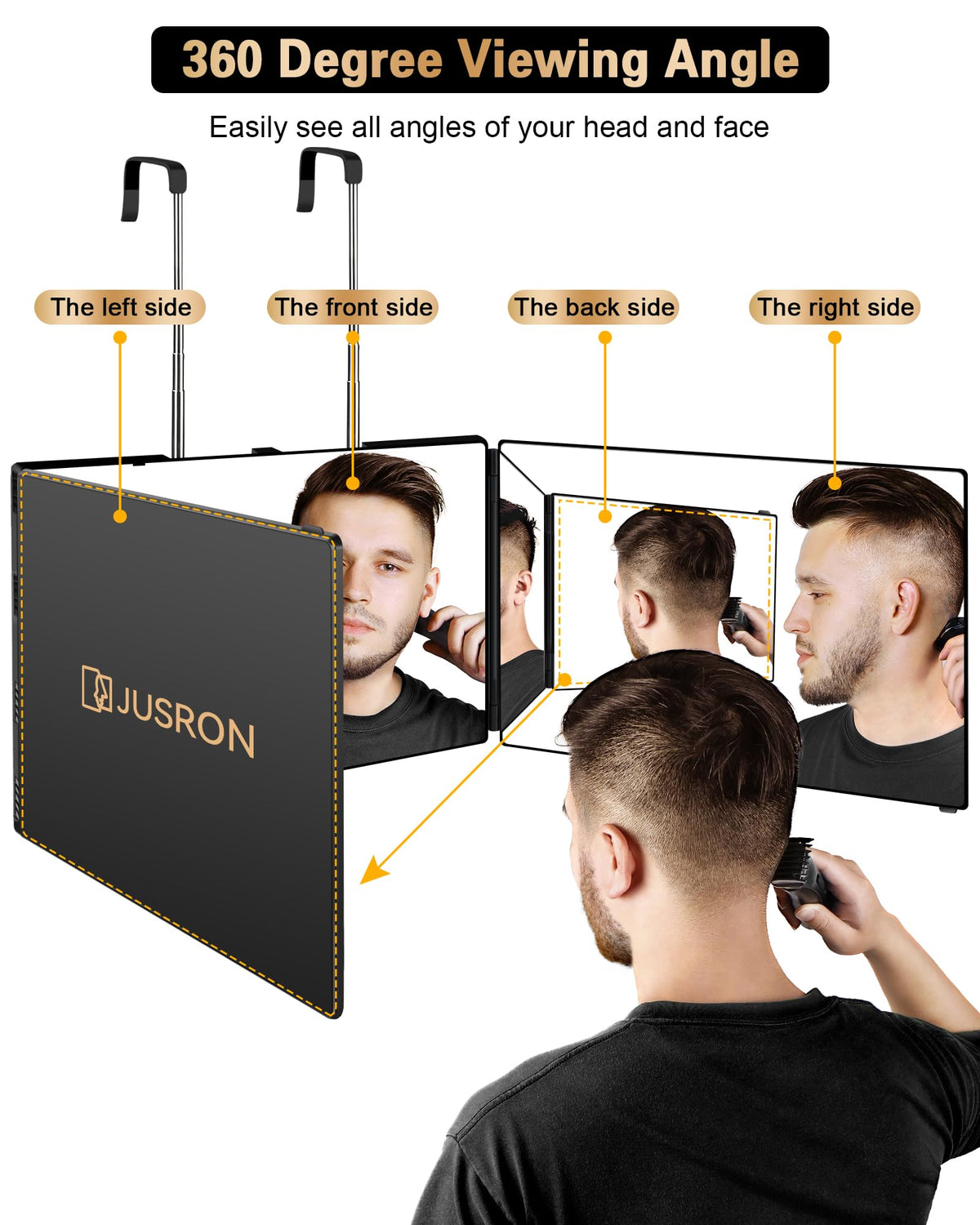 JUSRON hair cutting mirror side view showing adjustable height