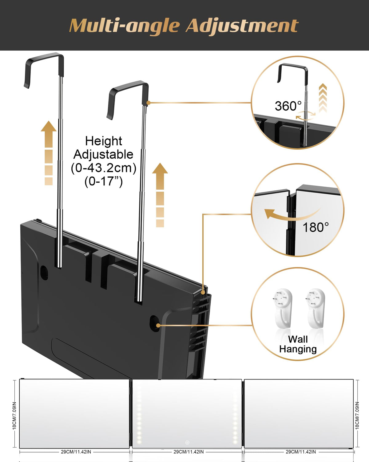 JUSRON Hair Cutting Mirror side view showing adjustable height