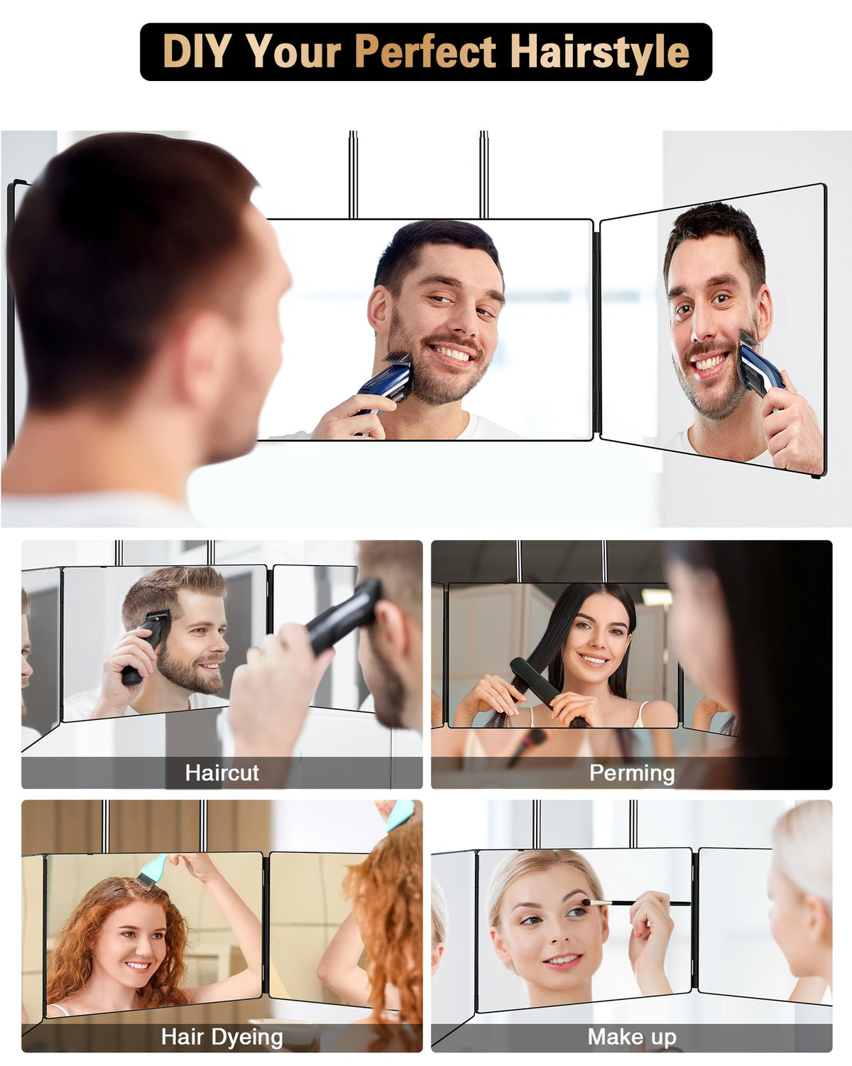 JUSRON mirror on a table demonstrating its use for hair cutting