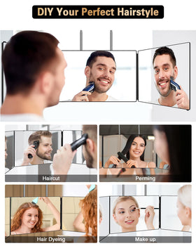 JUSRON mirror on a table demonstrating its use for hair cutting