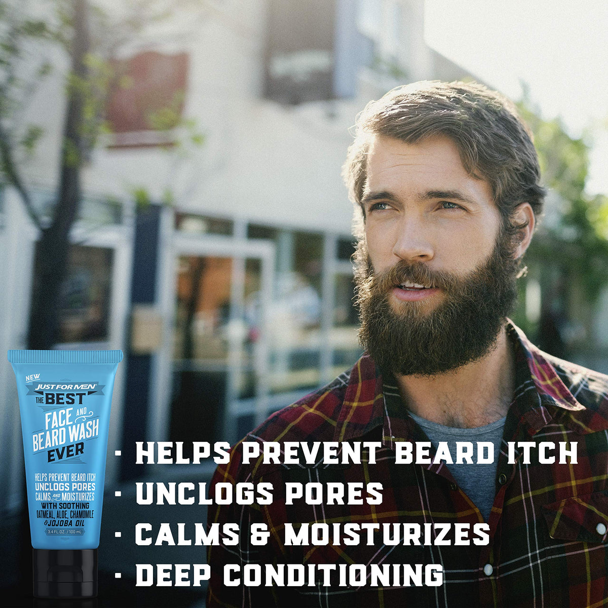 Just for Men Face & Beard Wash 3oz with ingredients displayed