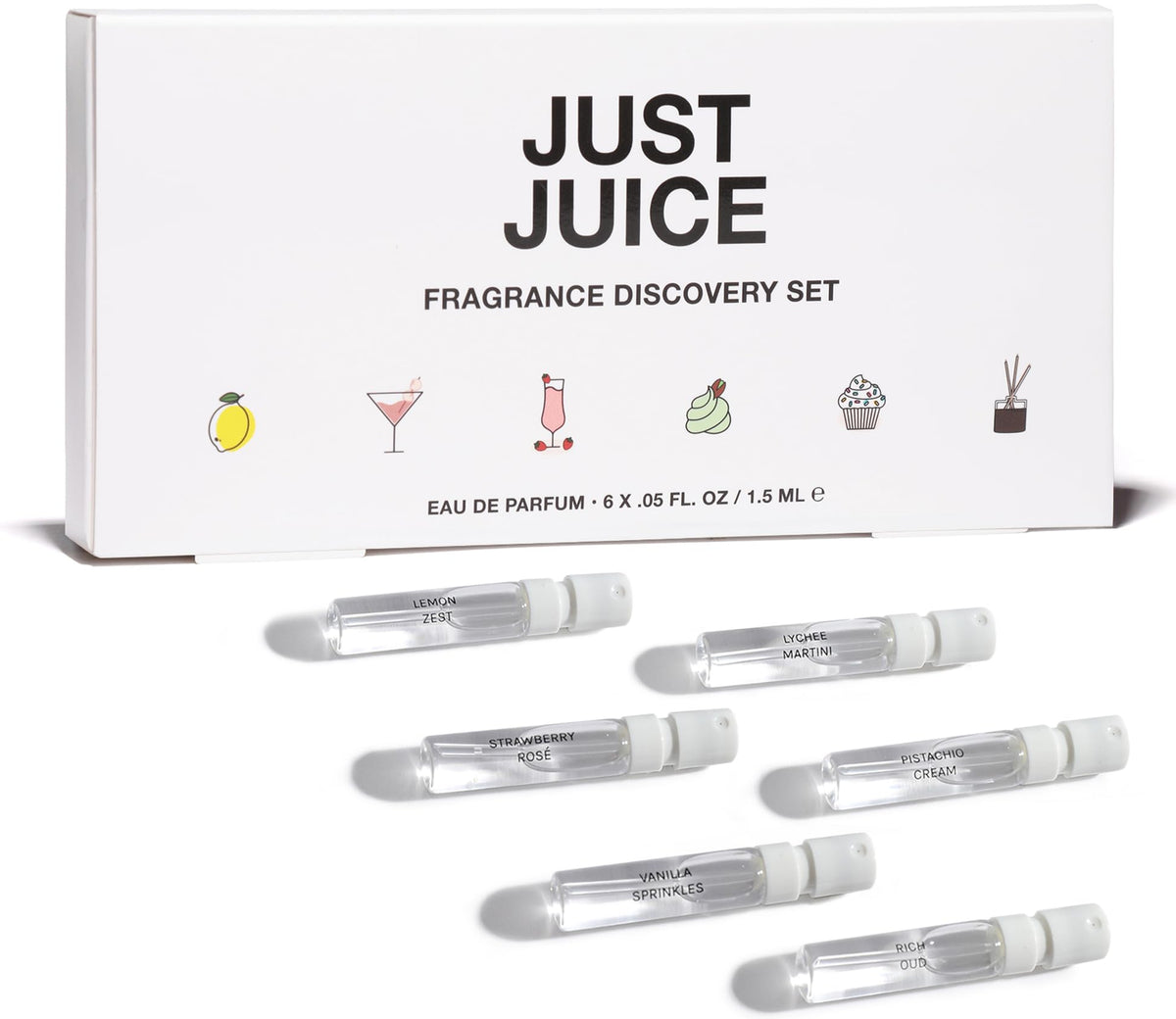 Just Juice Discovery Set featuring 6 mini perfume vials in packaging