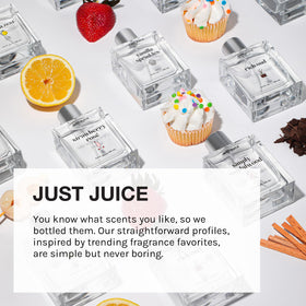 Just Juice mini perfume vials with labels showing fragrance types