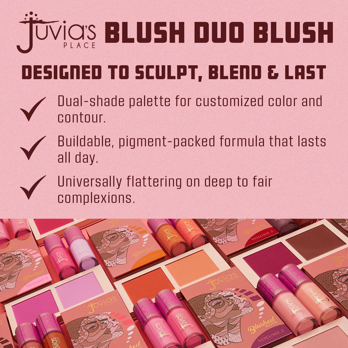 Juvia's Place Duo Blush Volume 1 with makeup brushes