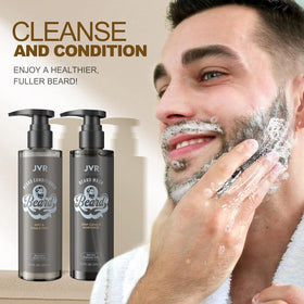 JVR Beard Care Kit with a man grooming his beard