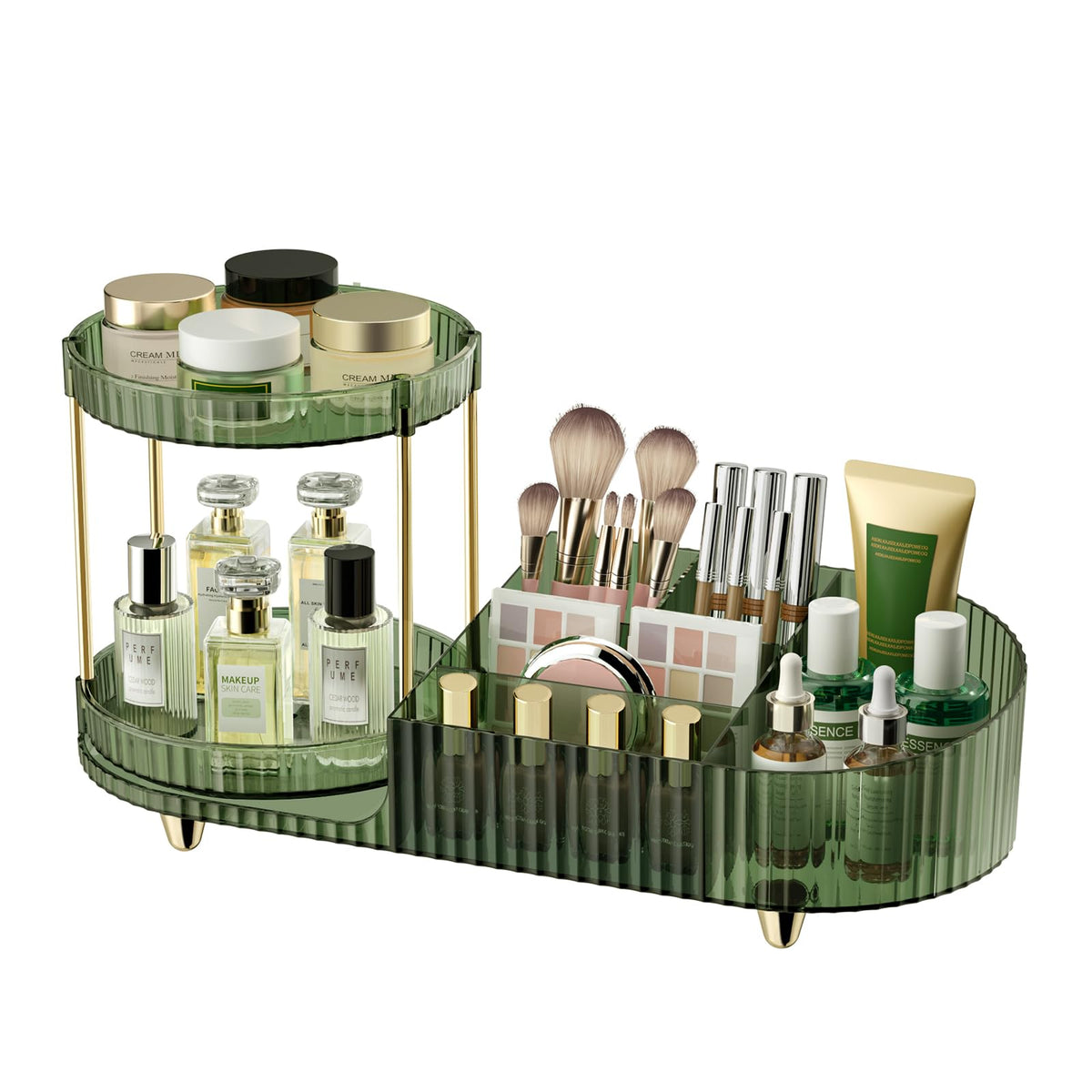 Jywantful 360 Rotating Makeup Organizer front view in dark green