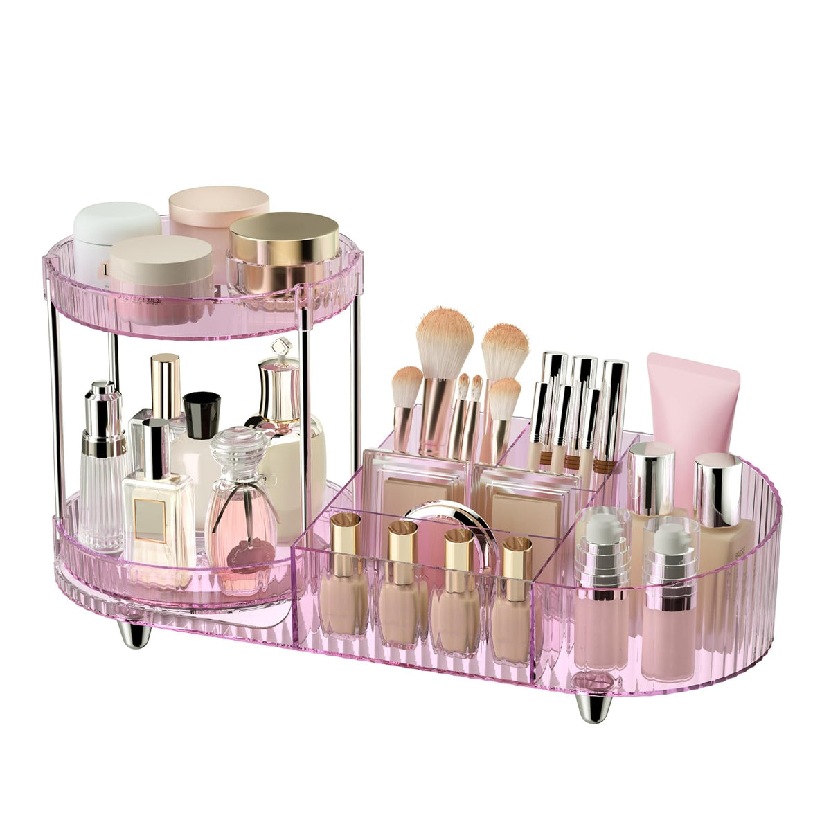 Jywantful 360 Rotating Makeup Organizer front view in pinkish-purple