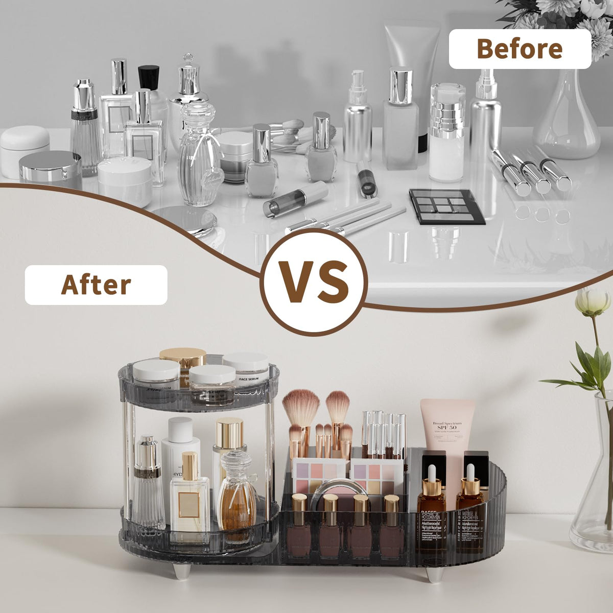 Jywantful 360 Rotating Makeup Organizer side view showing compartments