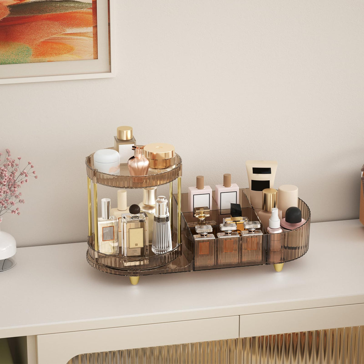 Jywantful Makeup Organizer with cosmetics arranged inside