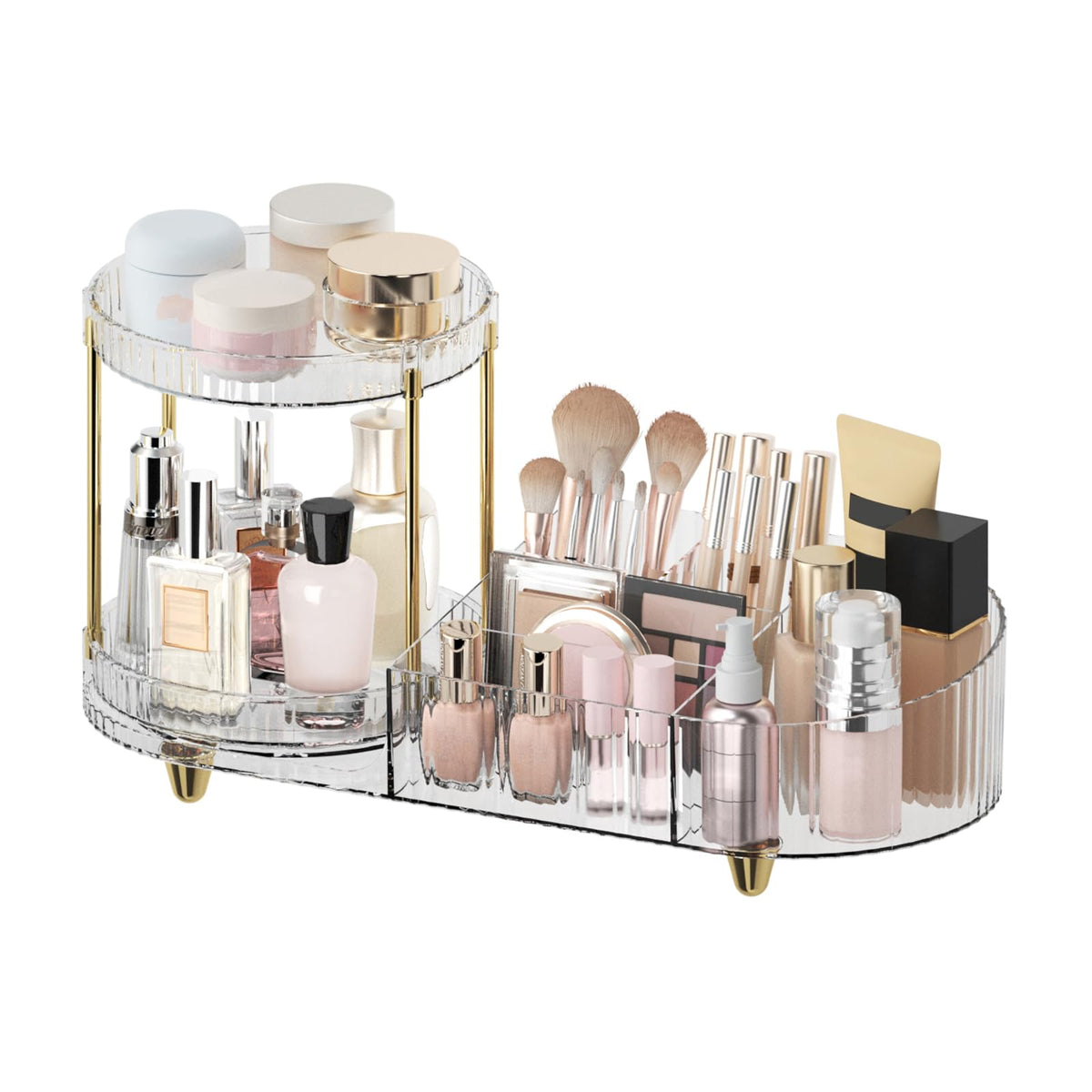 Jywantful Rotating Makeup Organizer front view with gold accents