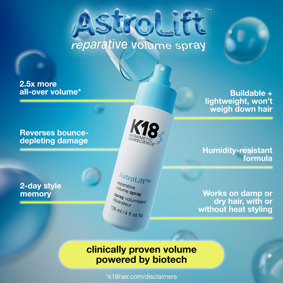 K18 AstroLift Volume Spray side view showing nozzle