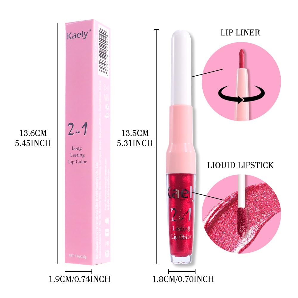 Kaely 2-in-1 Bright Red Metallic Lipstick and Lip Liner on vanity