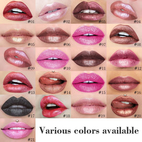 Kaely 2-in-1 Crushed Ruby Red Metallic Lipstick and Lip Liner on a vanity