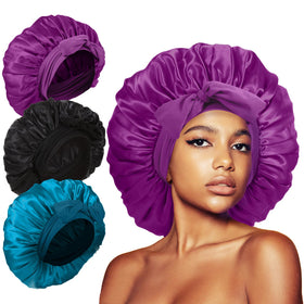 Kafteri 3Pcs Silk Bonnets for Sleeping in black, peacock blue, and purple