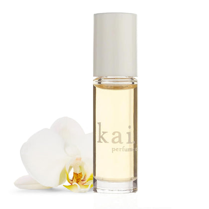 kai perfume oil roll-on bottle front view with white floral design