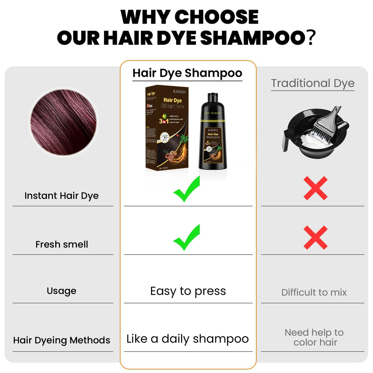 KAISASA Dark Burgundy Hair Dye Shampoo 3 in 1 lifestyle scene