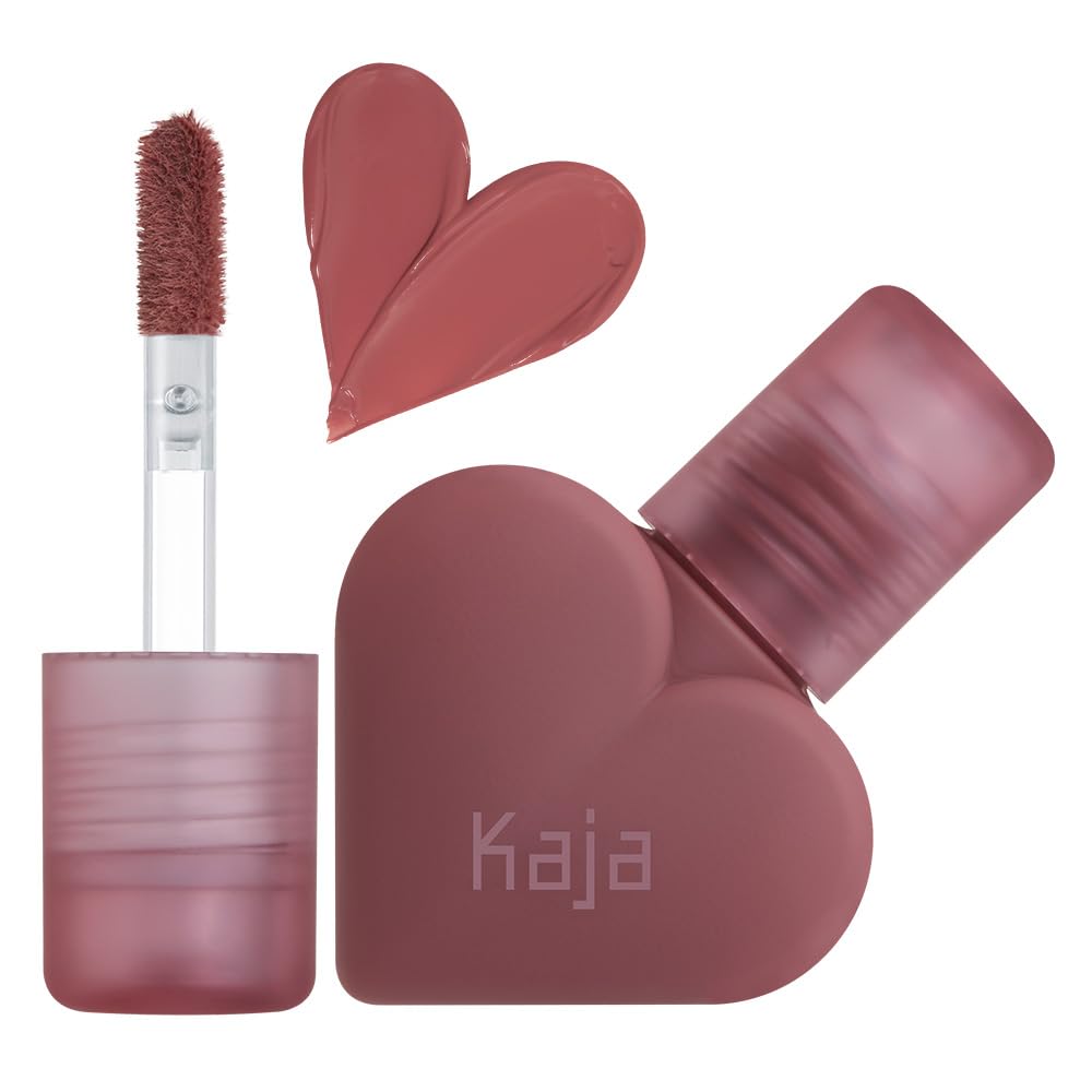 Kaja Lip Mousse Love Swipe 02 Sweet Softie front view in heart-shaped bottle