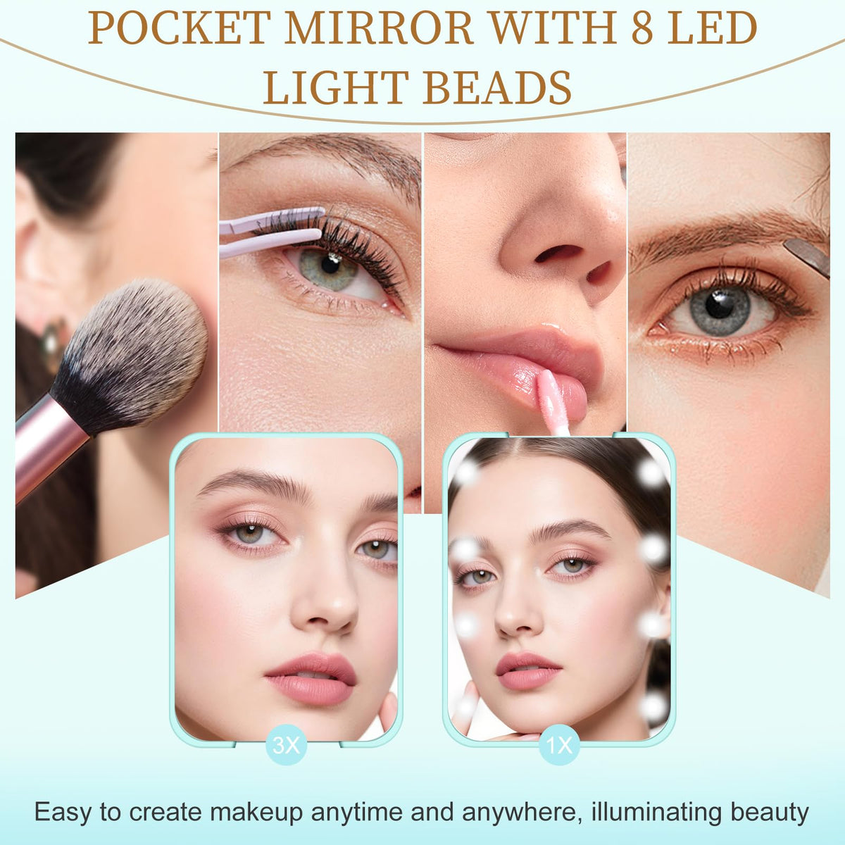 Kakuje Compact Mirror with Light opened at 180 degrees