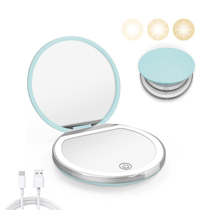 Kakuje Mint Green Compact Mirror front view with LED lights