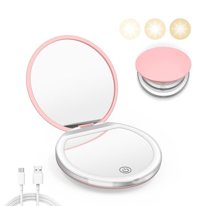 Kakuje pink compact mirror front view with LED lights