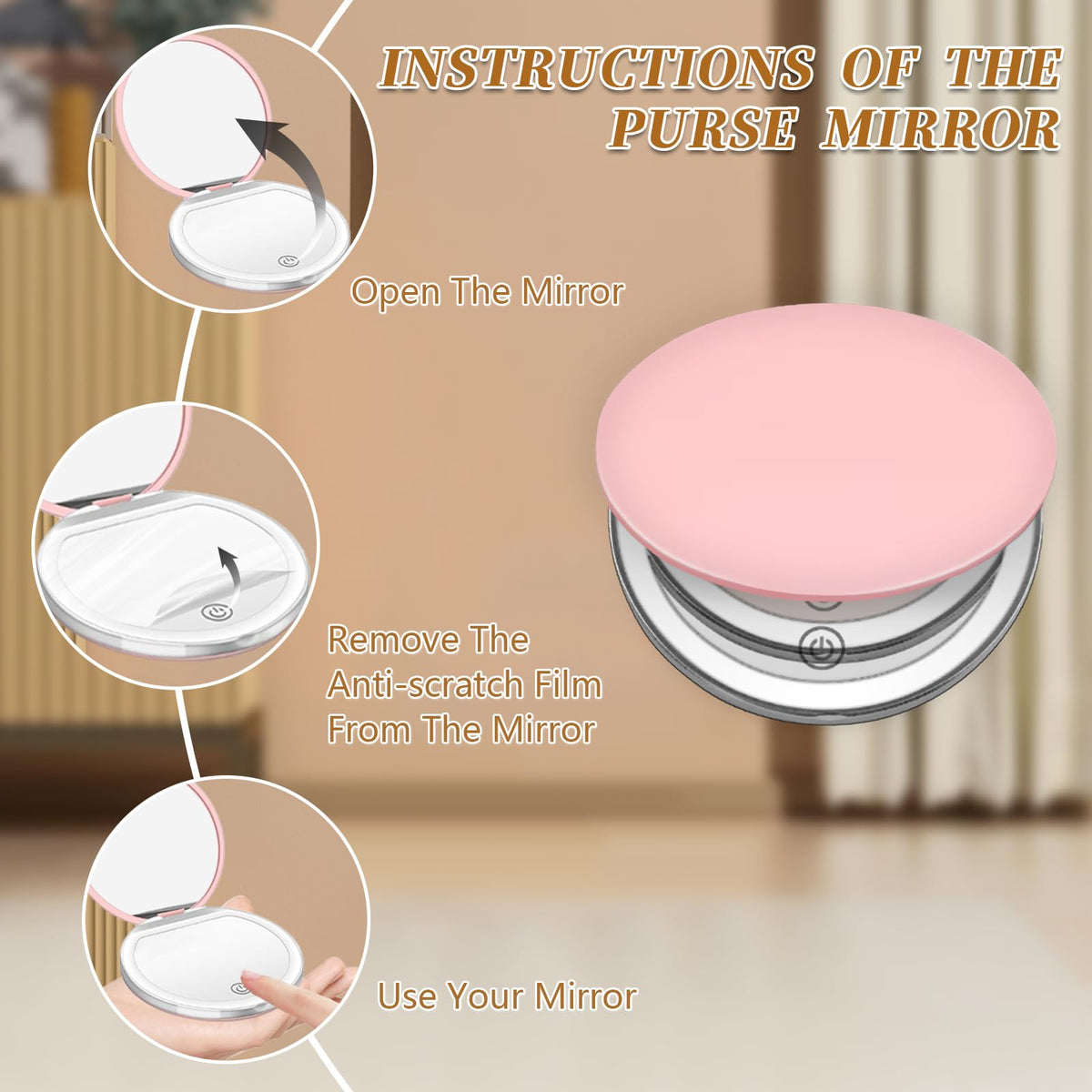 Kakuje pink compact mirror opened at 180 degrees