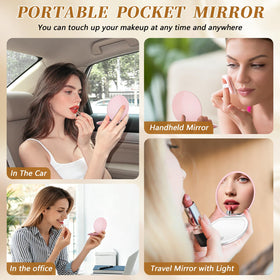 Kakuje pink compact mirror showing 1X and 3X magnification