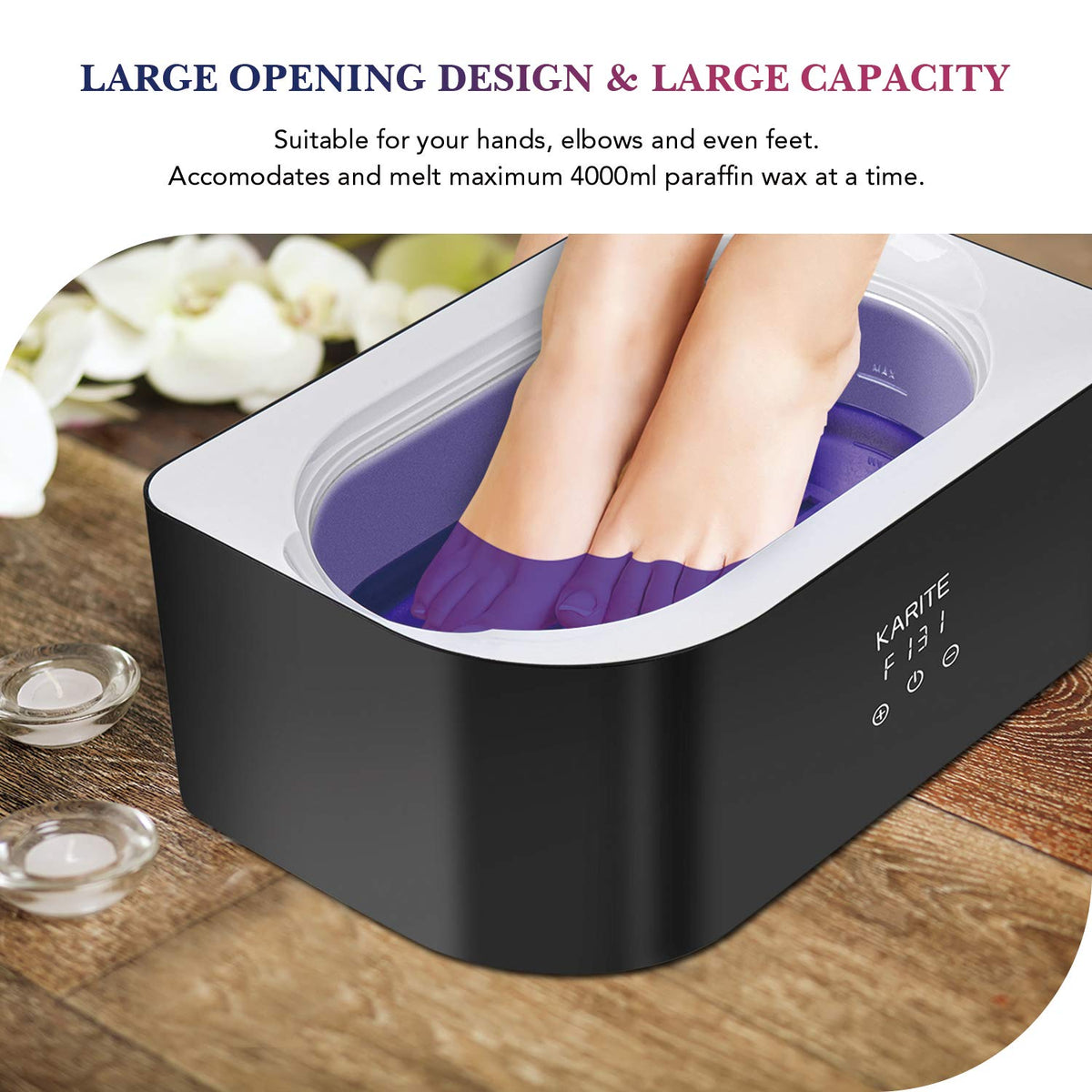 Karite Paraffin Wax Machine with hands dipped in melted wax