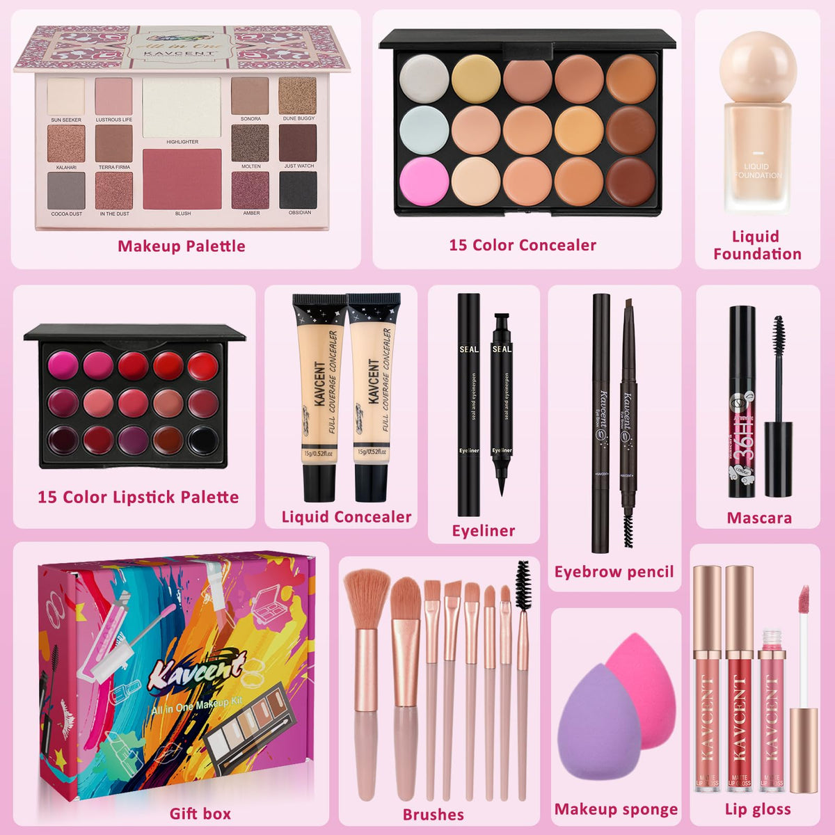 KAVCENT Makeup Kit contents including foundation and lip gloss
