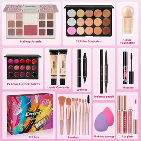 KAVCENT Makeup Kit contents including foundation and lip gloss