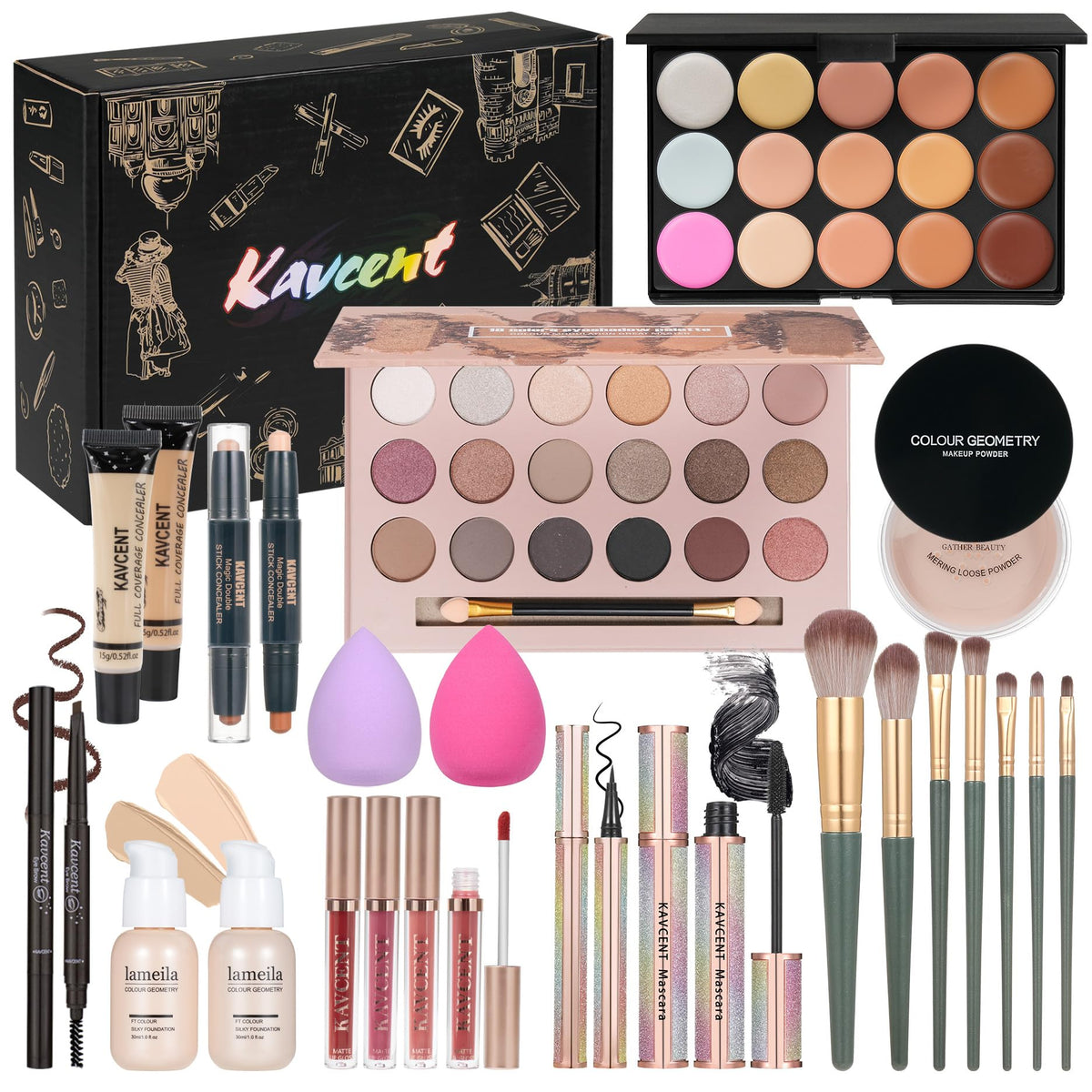 KAVCENT Makeup Kit including 18 colour eyeshadow palette and accessories