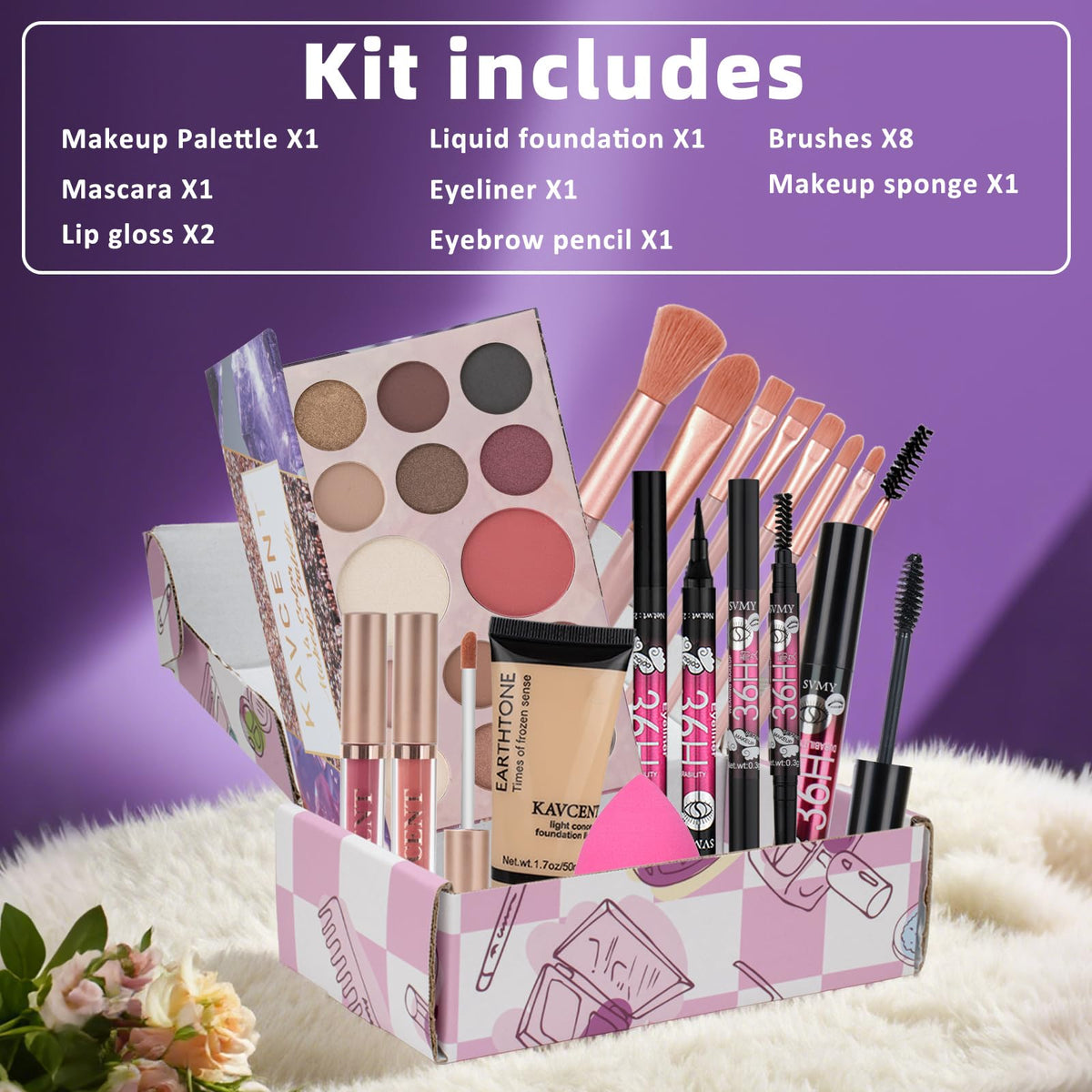 KAVCENT Makeup Kit showing foundation and lip gloss