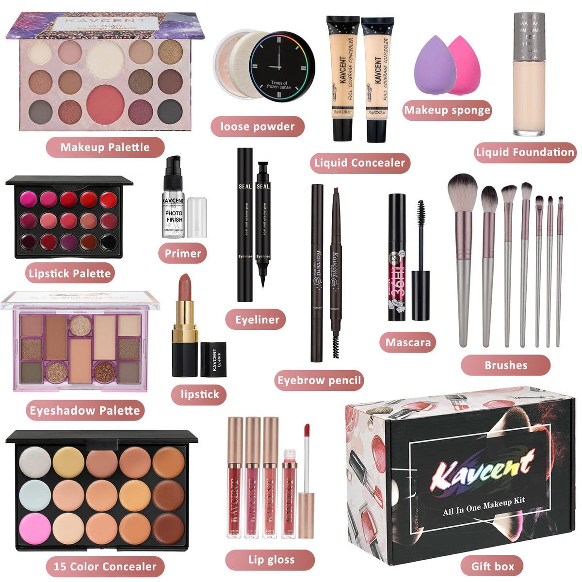 KAVCENT Makeup Kit showing lipstick palette and brushes