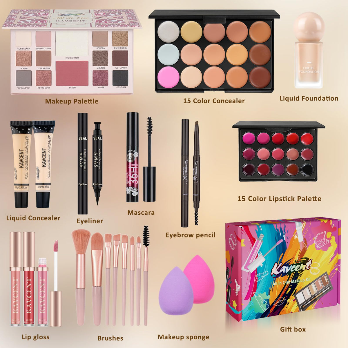 KAVCENT Makeup Kit with foundation, concealer, and mascara
