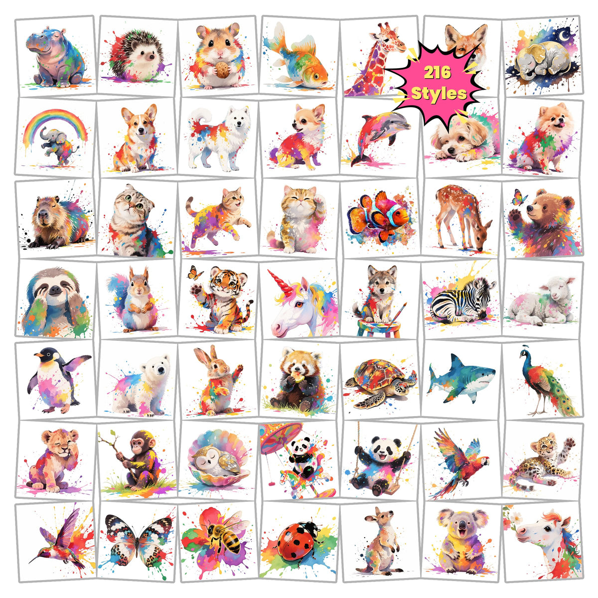 Keikihipa 216 PCS Watercolor Animals Temporary Tattoos front view
