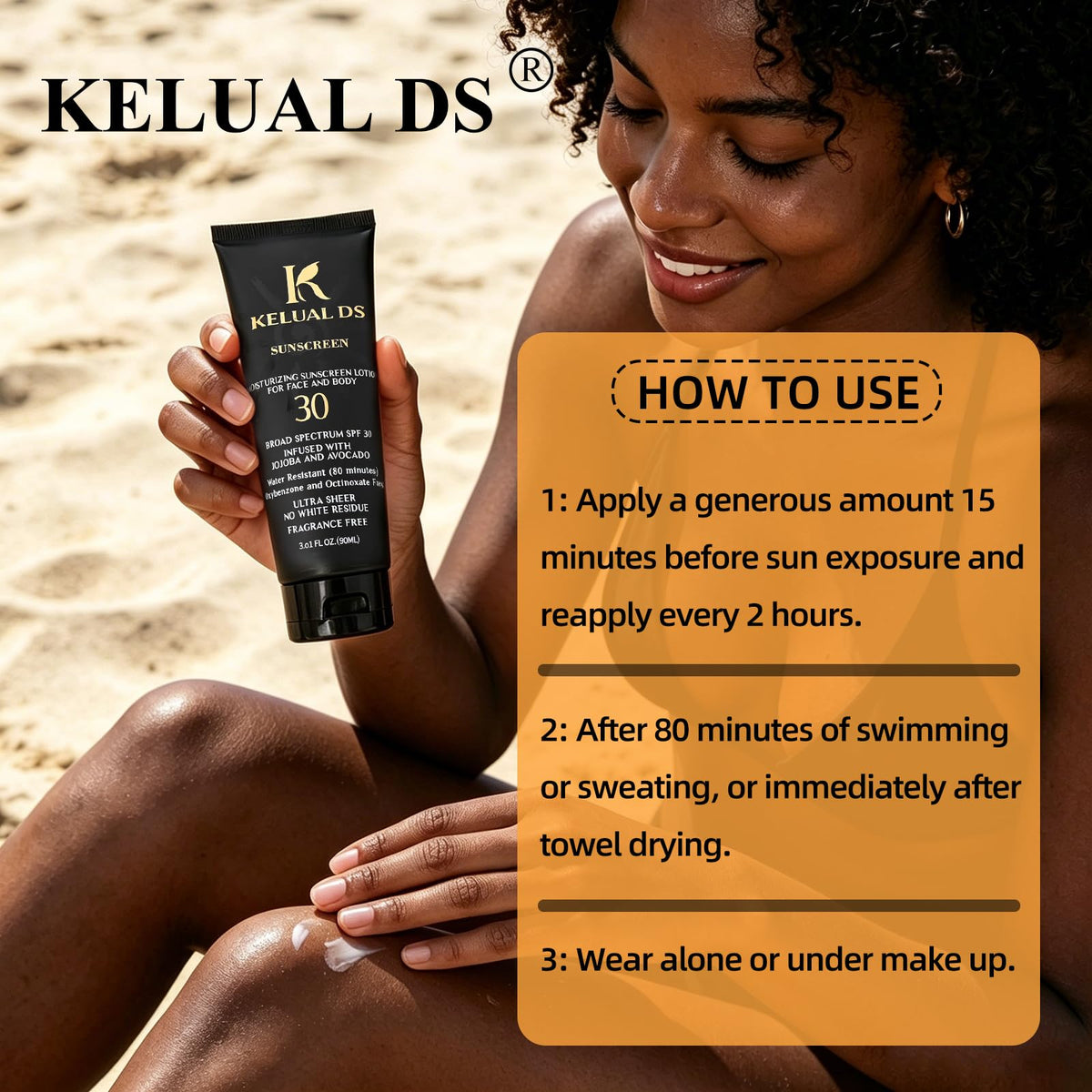 KELUAL DS Black People Sunscreen SPF 30 side view showing nozzle