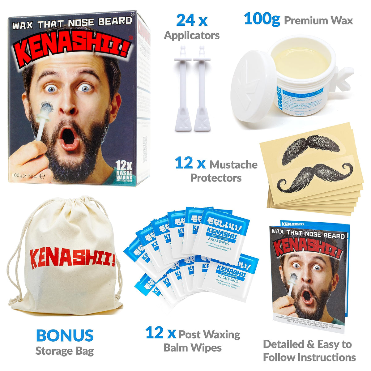 KENASHII Nose Wax Kit shown with wax applicators and balm wipes