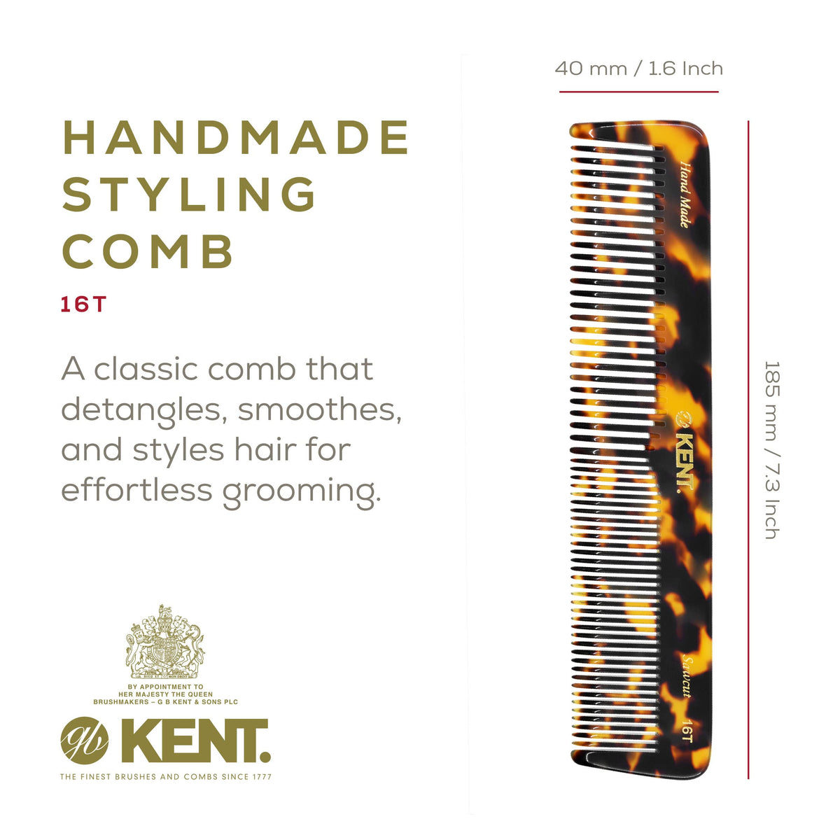 KENT 16T TY comb showing fine and wide teeth