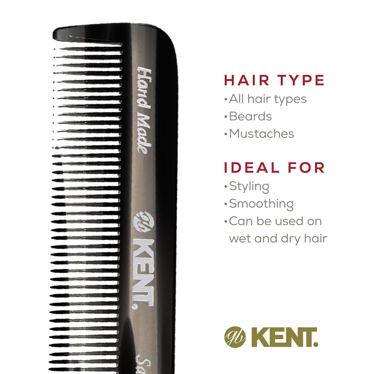 KENT Black Graphite Fine Tooth Beard Comb close-up of teeth
