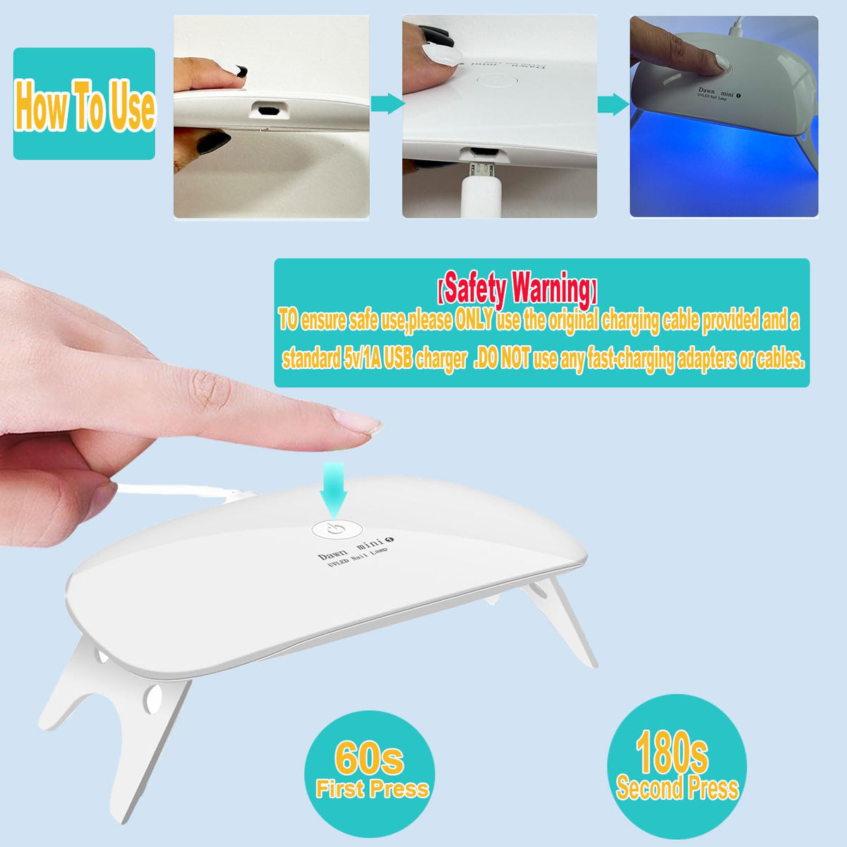 Kepma Mini UV LED Nail Dryer side view with USB cable