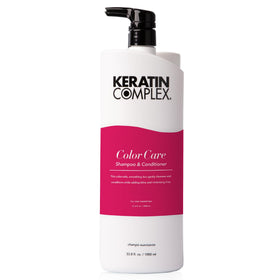 Keratin Complex Color Care Shampoo and Conditioner set on a bathroom shelf